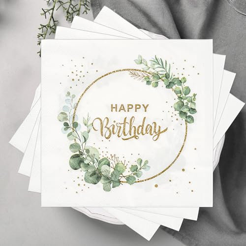 40 Stück Servietten Geburtstag, Servietten Eukalyptus Grün 33x33cm, Servietten Taufe Kommunion Happy Birthday Firmung Servietten Napkins Tischdekoration Geburtstag