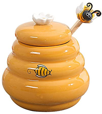 Rouufgeg Ceramic Beehive Honey Pot and Wooden Dipper Honey Jar with Lid Honey Stir Bar for Honey Jar Supplies Kitchen Accessories
