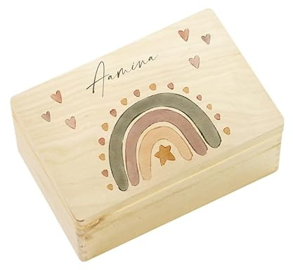 Personalisierte Erinnerungskiste für Babys zur Geburt und Taufe, Babygeschenk mit dem Namen (M, Regenbogen)