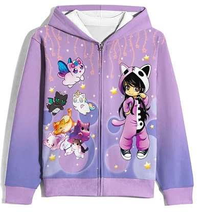 Aepotumn Aphmau Merch Hoodie For Girls Kids Zip-up Hooded Pullover Sweatshirt Casual Coats Outerwear for Girls Purple