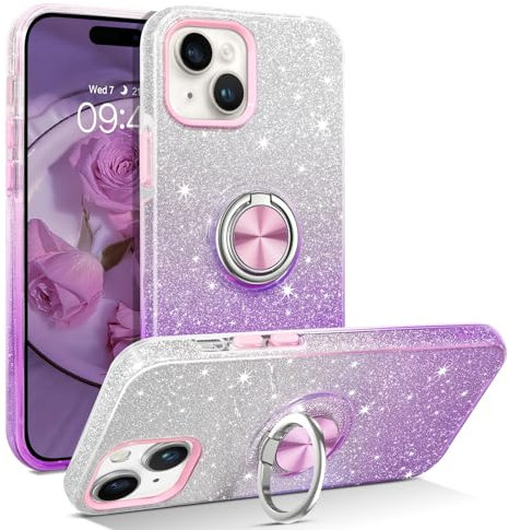 DOMAVER iPhone 15 Case, Slim Fit Glitter Sparkly with 360° Ring Holder Kickstand Magnetic Car Mount Supported Protective for Girls Women, Purple