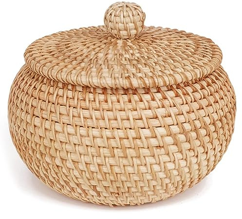 ISTOVO Runder Rattankorb mit Deckel, Rattan-Aufbewahrungskorb mit Deckel, für Tischregal