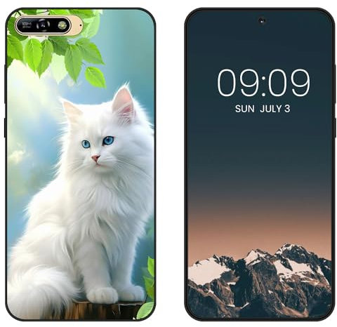 WUACYEAMING für Huawei Y6 2018 Hülle,Mode Schutzhülle Schwarz Handyhülle mit Aesthetic Muster Weich Silikon Dünn TPU Stoßfeste Kratzfest Schutzhülle Cover-Weiße Katze