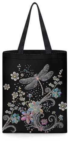 Belidome Einkaufstasche, Baumwoll-Tragetasche, strapazierfähiges Segeltuch, Handtasche für Damen, Shopping, Schule, Boho Libelle, Einheitsgröße