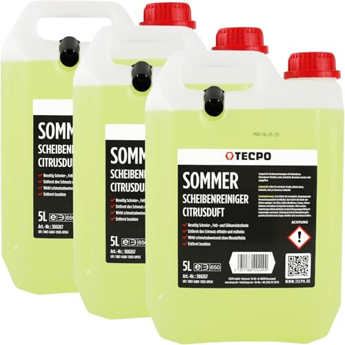 TECPO Scheibenreiniger, 15 Liter Sommer Scheibenwischwasser Scheibenklar gebrauchsfertig regenabweisend streifenfrei – Ideal für Auto, Fahrzeugscheiben, Scheinwerfer, Spiegel, Fenster