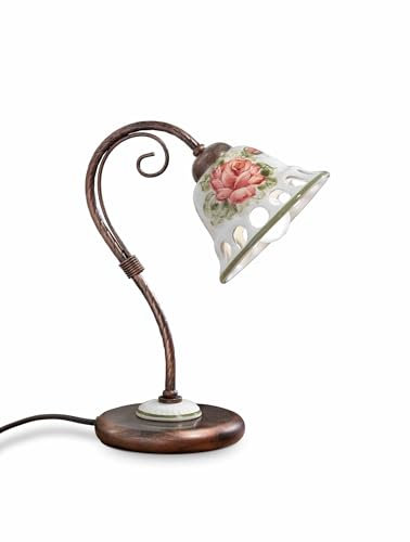 Licht-Erlebnisse Tischleuchte Keramik Metall 32 cm hoch in Kupfer antik Weiß Blumendekor Handbemalt E14 Landhaus Tischlampe Nachttischlampe Sehreibtischlampe