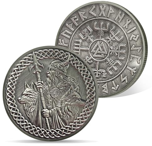 AtSKnSK Wikinger Odin Wolf Münze Nordische Runen Mythologie Krieger Symbol | Nordische Mythologie Krieger‑Symbol, Talisman Amulett, perfektes Wikinger‑Geschenk für Herren und Damen