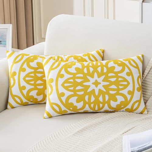 Jayusaror Kissenbezug 30x50 cm Gelb Kissenbezüge Dekokissen Mandala Boho Kissenhülle Sofakissen Weiche Samt Couchkissen für Wohnzimmer Sofa Schlafzimmer，2er Set