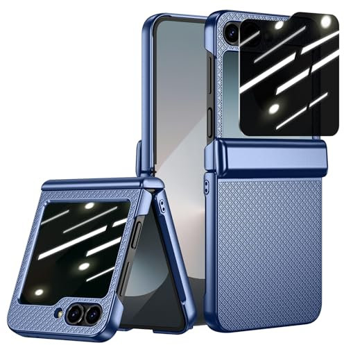 Doeshine für Samsung Galaxy Z Flip 7 FE/Z Flip 6 Hülle, Privacy Displayschutzfolie & Scharnierschutz, Schutzhülle Rutschfester Textur, Hard PC Rugged Kratzfest Stoßfest Handyhülle Case (Blau)