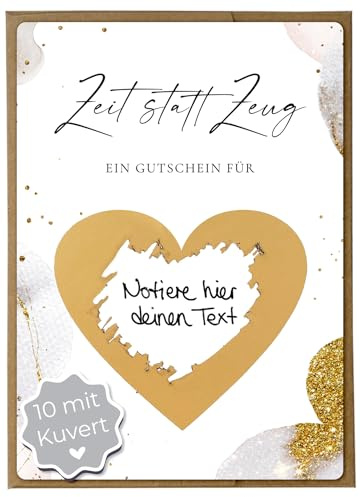 JoliCoon Zeit statt Zeug 10 Rubbellose selber machen mit Kuverts | 350g Designerpapier, fühlbare UV-Lack-Veredelung, naturfarbenes Steckkuvert mit goldenem Herz, Premium-Papeterie