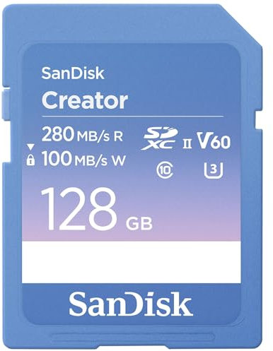 SanDisk Creator SD UHS-II SD Carte, 128 Go Carte SD V60, 6K & 4K UHD, Vitesse de Lecture jusqu'à 280 MB/s Logiciel de récupération des données RescuePRO Deluxe, Class 10, U3