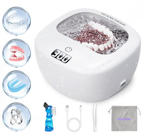 SEANCHEER Pulitore Ultrasuoni 48000Hz Senza Fili Ricaricabile | 15W | 120ML | Lavatrice Ultrasuoni per | Apparecchio Denti | Protesi Dentali | Retainer | Anelli | Collane | Gioielli | (Bianco)