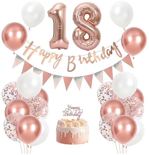 Naturezhen Palloncini 18 Anni Compleanno con Striscione Decorazione Torta e Palloncini Assortiti, Stile Moderno in oro Rosa, Ideale per Feste, Regalo Donna (Oro rosa 18 anno)