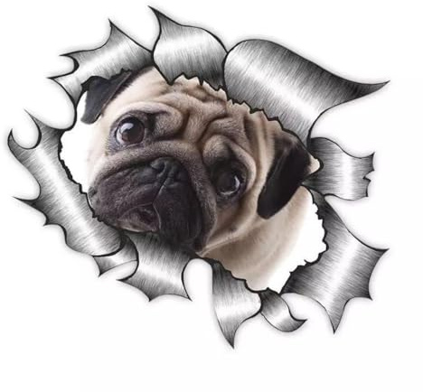 Mops Auto-Aufkleber, Wasserfest, Reflektierend, 3D Zerrissener Effekt, Dekorative Vinyl-Aufkleber für Auto, Laptop, Kühlschrank, Stoßstange, Fenster (15cm/5.9 Inch)