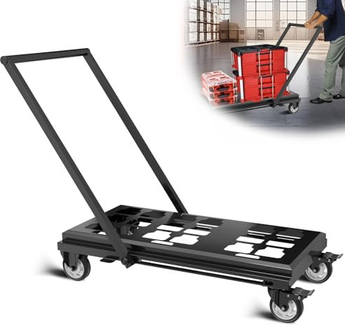 Medium Heavy Duty Toolbox Dolly with Handle, Compatible with Mil.Waukee Packout Toolbox, Double Storage, Thickened Carbon Steel Frame, Larger Wheels with Brake, No Drilling Required, Up to 400lbs