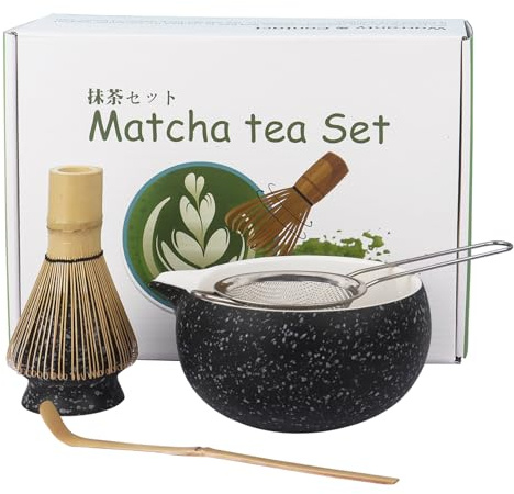 5Pcs Matcha Tea Set Matcha Whisk Ceramic Matcha Bowl Matcha Tea Set with Sifter(Black)