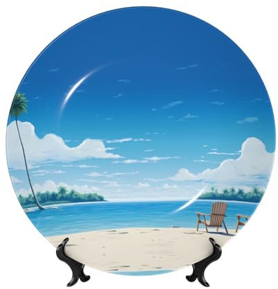 PHAYAH Assiette décorative en porcelaine anglaise avec support, motif chaise longue de plage pour bureau, cuisine, table, décoration murale, 15,2 cm