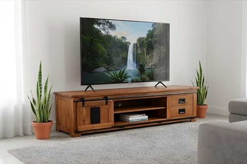 SAM Lowboard Libro III 200x50x55 cm, Akazie nussbaum | TV-Board/Fernsehkommode mit Holzschiebetür, 2 Schubladen & 4 offenen Fächern, Akazienholz nussbaumfarben & massiv