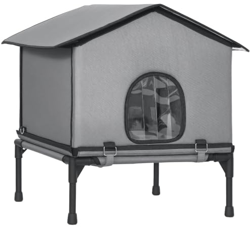 PawHut Outdoor Cat House Waterproof Insulated Cushion for Kittens Grey | Cat Kennel, Elevated Base, Foldable Feral Kitty Shelter, Indoor Outdoor