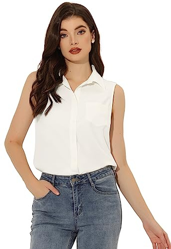 Allegra K Camisa de Mezclilla con Botones para Mujer, Sin Mangas, con Solapa, Cuello en V, Túnica de Chambray