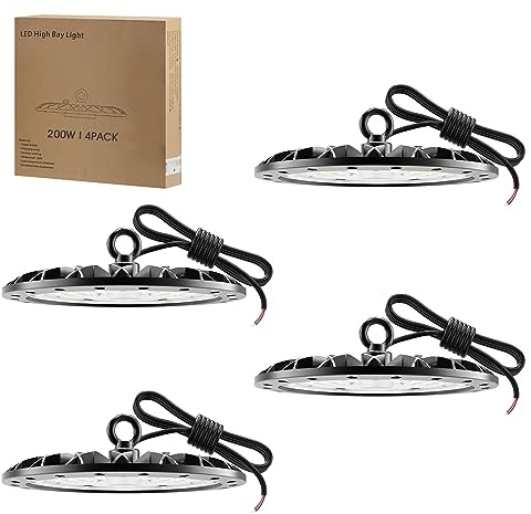 Zelvia 4 Pack 200W 20000 Lumen Led Werkstatt Deckenleuchte UFO Hallenstrahler Energieeffizient 6000K IP65 Wasserdicht Lampe Werkstatt für Hallenbeleuchtung Werkstattbeleuchtung Fabriken