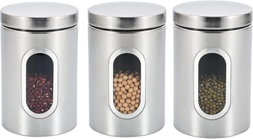 ROYAL SWISS 3-teiliges Edelstahl Vorratsdosen Set – Luftdichte Küchenbehälter mit Sichtfenster & Deckel, Aufbewahrungsdosen für Tee, Kaffee, Zucker & trockene Lebensmittel, Silber