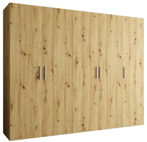 MEBLE KRYSPOL - Kleiderschrank - Garderobenschrank - 250 cm x 202 x 52 cm - Schrank mit Kleiderstange, 5 Türen - für Schlafzimmer, Flur - BARI, Artisan-Eiche, Griff Silber