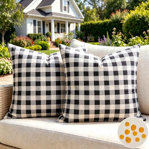 Outdoor Kissenbezug 40X40 2er Set Wetterfest Karierte Kissenhüllen Sofakissen Dekorativ Kissenbezüge Dekorative Zierkissen Dekokissen Gingham Kissen Für Garten Sofa Wohnzimmer Bett, Weiß und Schwarz