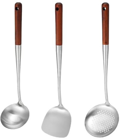 3 Stück Edelstahl Wok Spatel Set, Hitzebeständiger Holzgriff Wok Utensilien Professionelles Schaumlöffel Aus Edelstahl Woks Pfannenwender und Schöpflöffel (445, 415 und 433 mm)