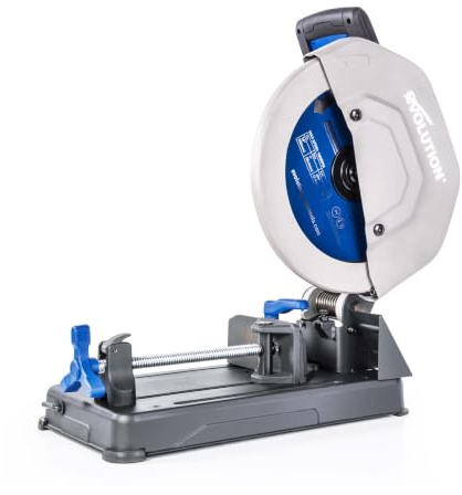 Evolution Power Tools Metal Cutting Chop Saw 355mm (14) 230V | S355CPSL with TCT Mild Steel Blade | 0-45° Mitre Cutting, Quick Release Vice, Portable, Lightweight Steel Cutting Saw
