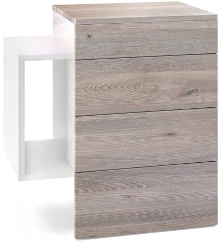 Vladon Nachttisch Queens, Made in Germany, Nachttischschrank mit 2 Schubladen und 1 seitlichem Fach zur Wandmontage, Weiß matt/Eiche Nordic, inkl. LED Unterbaustrahler weiß (60 x 63 x 36 cm)