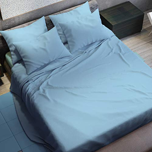 PETTI Artigiani Italiani - Set Lenzuola Matrimoniali 4 Pezzi, Morbide e Traspiranti, Completo Letto con Lenzuolo Sopra, Lenzuolo Sotto con Angoli Elasticizzati e 2 Federe Lenzuola Azzurro