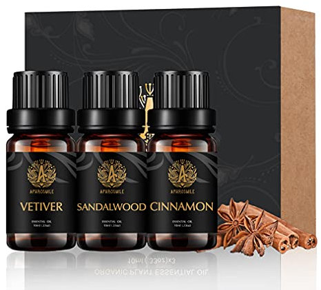 Aphrosmile Aromatherapie Zimt & Sandelholz & Vetiver ätherisches Öl Set für Kerze & Seife machen, 3x10ml 100% reines Öl für Massage, therapeutische Grade für Diffusor