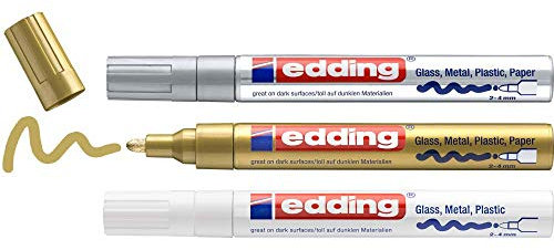 edding 750 Glanzlackmarker - weiß, gold, silber (metallic) - 3er Set Lackmarker - Rundspitze 2-4 mm - Lackstift für Glas, Stein, Holz, Kunststoff und Papier - wasserfest, stark deckend