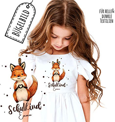 Bügelbilder zum Schulbeginn Fuchs mit Herz & Wunschname Schulkind Applikation Kissen Shirt Taschen Bügelbild Patch in A5 bb184 ilka parey wandtattoo-welt®