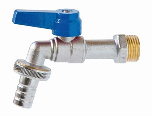 Kugelauslaufventil mit Schlauchanschluss 2301, matt verchromt, Griff blau 1/2 Zoll