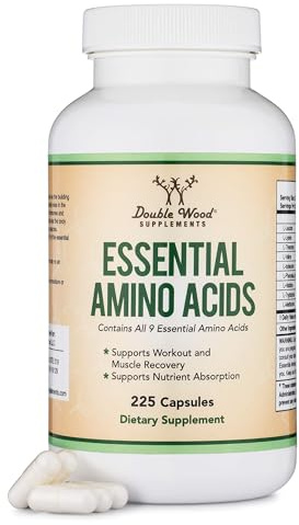 Essential Amino Acids - 1 Gram Per Serving Powder Blend of All 9 Essential Aminos (EAA) and All Branched-Chain Aminos (BCAAs) (Leucine, Isoleucine, Valine) 225 Capsules, Gluten Free by Double Wood