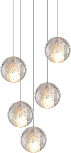 KJLARS Pendelleuchte LED Moderne Glas Kristall Hängeleuchte Höheverstellbar Lüster Dekoratives Kronleuchter für Villa Treppe Wohzimmer Esszimmer Schlafzimmer Pendellampe (5 Bälle)