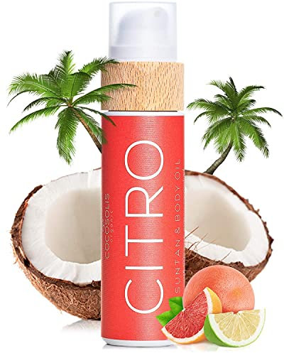 COCOSOLIS CITRO Abbronzante con Vitamina E, Olio Corpo Abbronzante–Crema solare Bio Oil per un’Abbronzatura Cioccolato–Sei oli naturali per una Pelle Sana e Radiosa, aroma di mango tropicale 110 ml