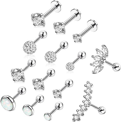 LOLIAS 14 Stücke 16G Ohr Helix Tragus Piercing Set für Damen - Edelstahl Flat Knorpel Ohrringe Ohrstecker Schmuck in Gold/Silber/Roségold