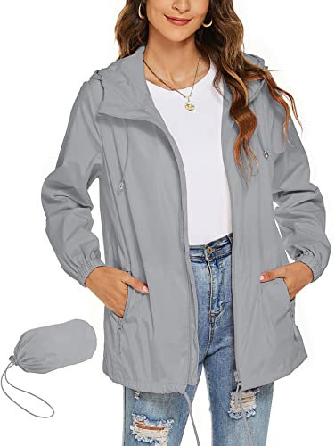 Rapbin, Giacca impermeabile da donna leggera impermeabile giacca a vento sottile impacchetabile, da viaggio, per bicicletta, giacca a vento, grigio., M