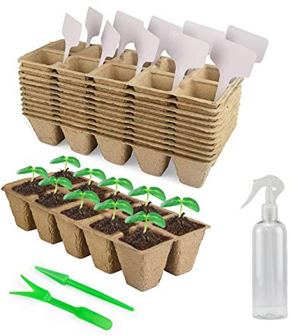 AOSEE 120 Pot de Tourbe, Plateau de Plantation Biodégradable, Pot Semis Biodegradable, Godets Repiquage pour Plantes avec 10 étiquettes, 2 Outil de Plantation et 1 Arrosoir (Marron)