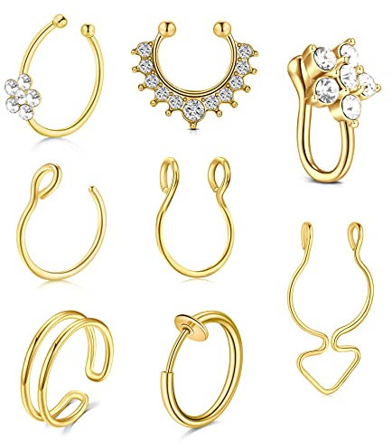 WillTen Fake Nasenring Gold Nasenpiercing Ring für Damen Chirurgenstahl Ohrklemme Septum Ring Nostril Faux Nase Piercing Schmuck 8 Stück