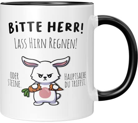 TassenTicker - ‘’Bitte Herr! Lass Hirn regnen!’’ - lustiges Geschenk - Kaffeetasse - Tasse mit Spruch - für Arbeit - Büro - Kollegen - Dumme Menschen - (Schwarz)