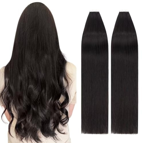 TESS Tape in Extensions Echthaar 40 Stück Schwarz Echthaar Tapes in Extensions Glatt Haar Schwarz Tape in Haarverlangerung Remy 60 cm #1 100g