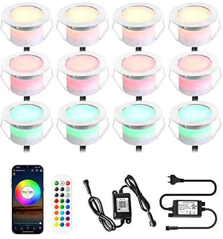 12pcs Wifi Spot Led Eclairage extérieur RGBW(RGB+Blanc Chaud) Spot Led Extérieur Encastrable Compatible avec Google Home Assistant/Alexa, Ø45mm IP67 Kit complet