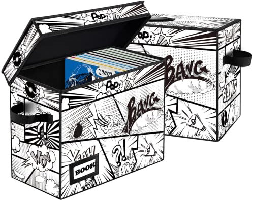 YNSZAS 2er-Pack Comic-Buch-Aufbewahrungsbox, Sammlung 40 cm x 20 cm x 30 cm, zusammenklappbar, fasst 160-180 Comic-Bücher, kurze Box, Organizer-Behälterhalter-Regal (Cartoon-Bomben)