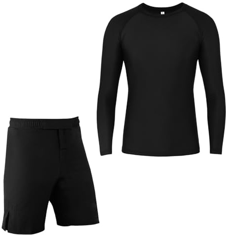 ROAR-INT MMA Rash Guard & BJJ Shorts Set Kids Fight Training Grappling Wear Jiu Jitsu Gi Trunks Outfit Set (Standard, Medium, Black-2Pcs-Set)