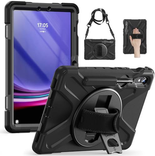 ZenRich Case for Samsung Galaxy Tab S10 FE 2025 / S9 FE 10.9 inch, Shockproof Rugged Cover with Screen Protector Rotating Stand Hand Strap & Shoulder Belt for Samsung S9/S8/S7 11 Tablet Case-Black