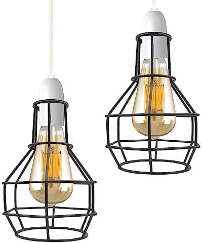 DC VOLTAGE 2-Pack of Wire Cage Modern Easy Fit Metal Black Painted Geometric Ceiling Pendant Chandelier Light Lampshades Bulb Guards for Kitchen Living Room Dinning Room Bedroom and Bars.